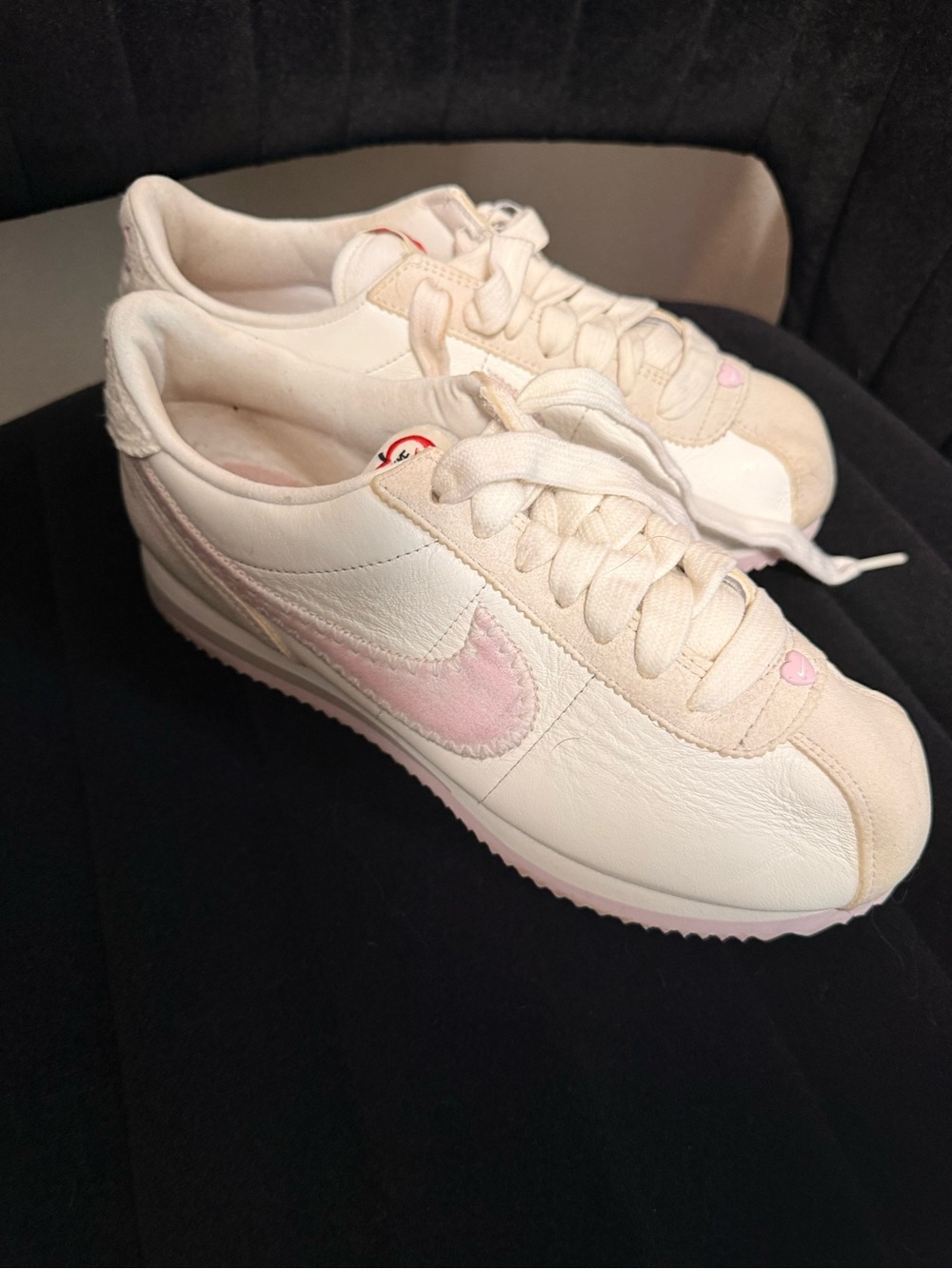 Nike Women’s White and Light Pink Cortez Sneakers VALENTINES EDITION